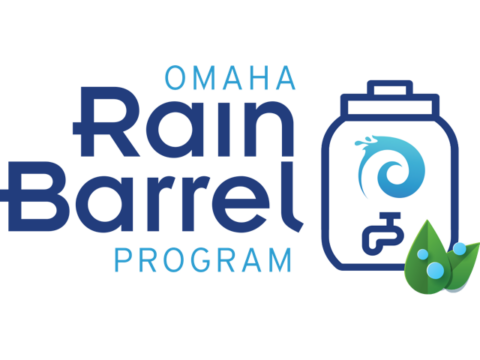 Omaha Rain Barrel Program logo - a blue barrel with spigot and green leaves
